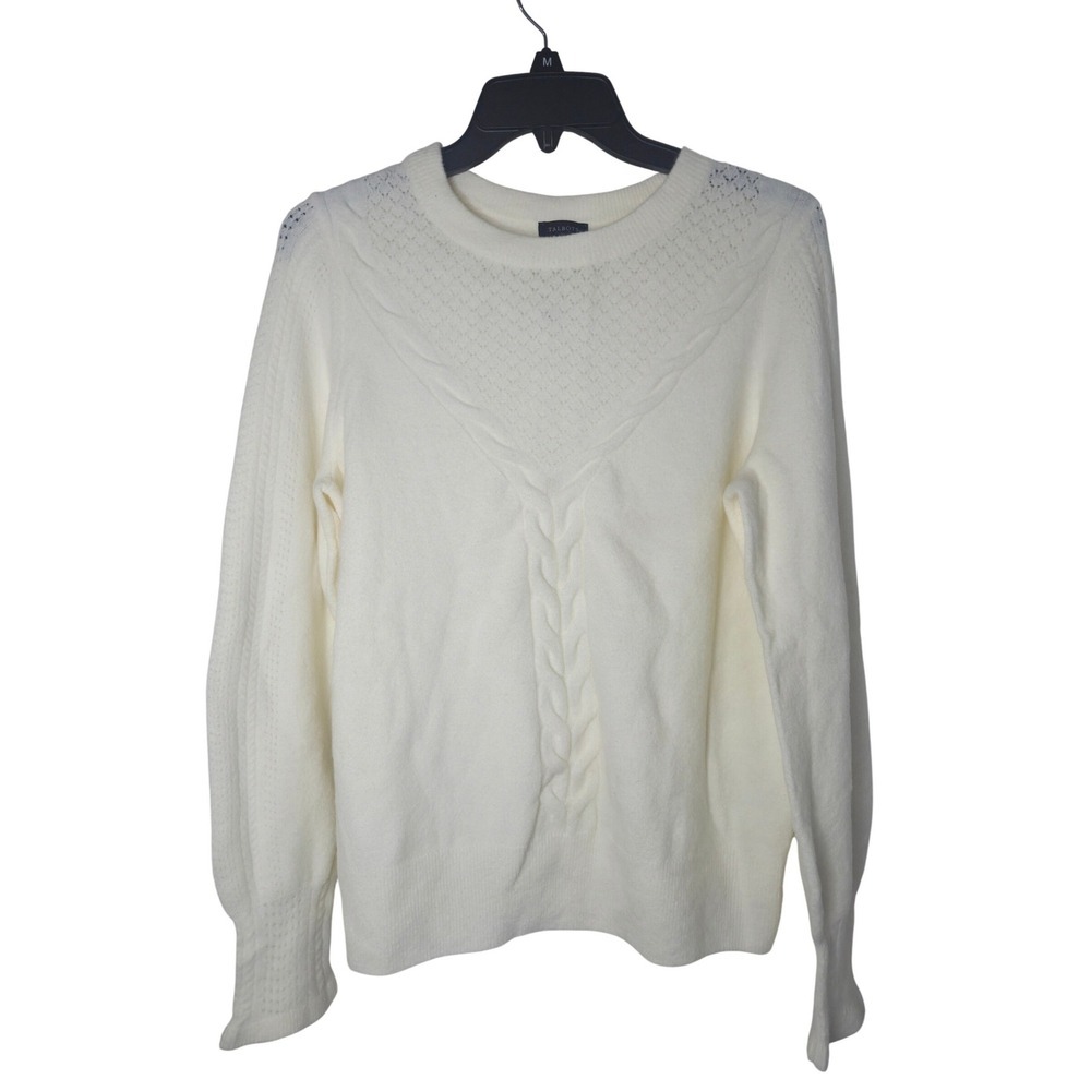 Talbots Ivory White Cable Knit Pointelle Crew Neck Sweater Womens Medium
